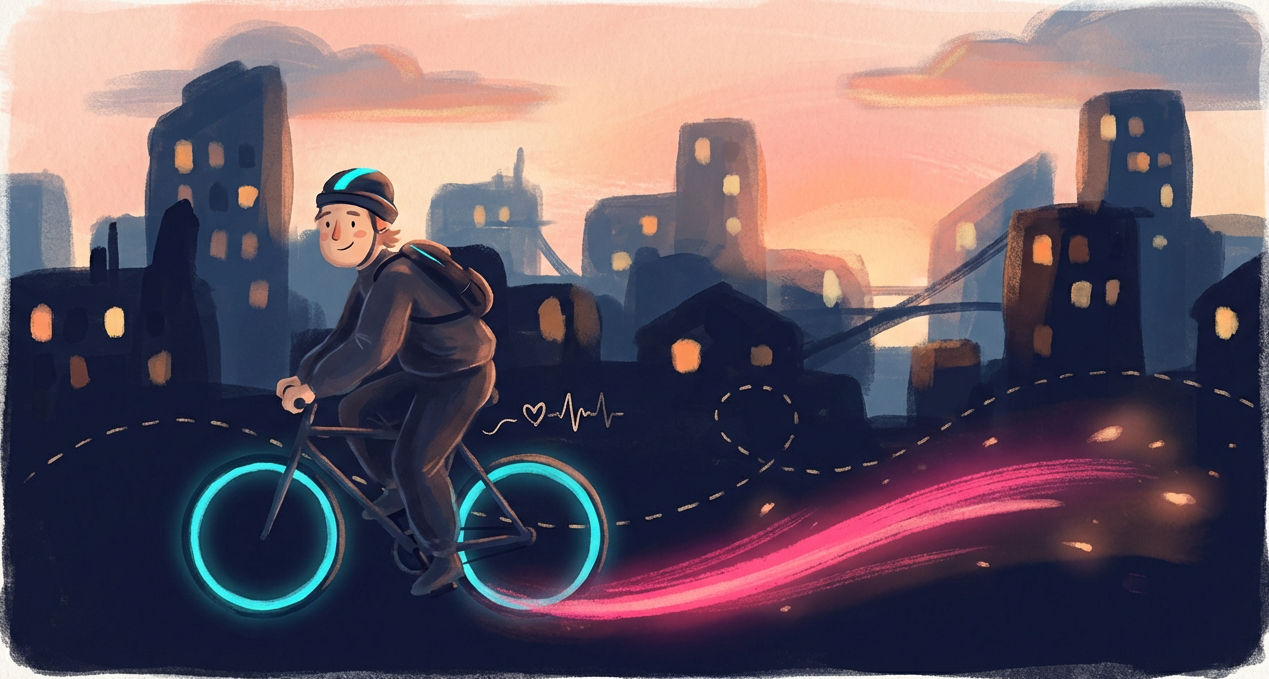 Stylised cyclist commuting through a city at dawn — stealth training in Zone 2